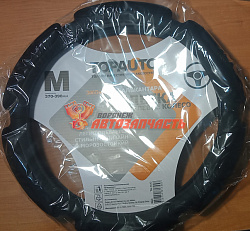 Оплетка на руль TOPAUTO, размер М(37-39 см) , 6 подушечек, спонж, экокожа-алькантара, черная